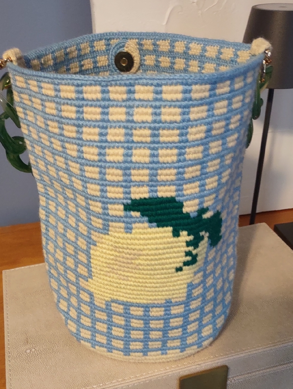 Soraya Hennessy Blue and Cream Crocheted Bucket Tote with Lemon Accent